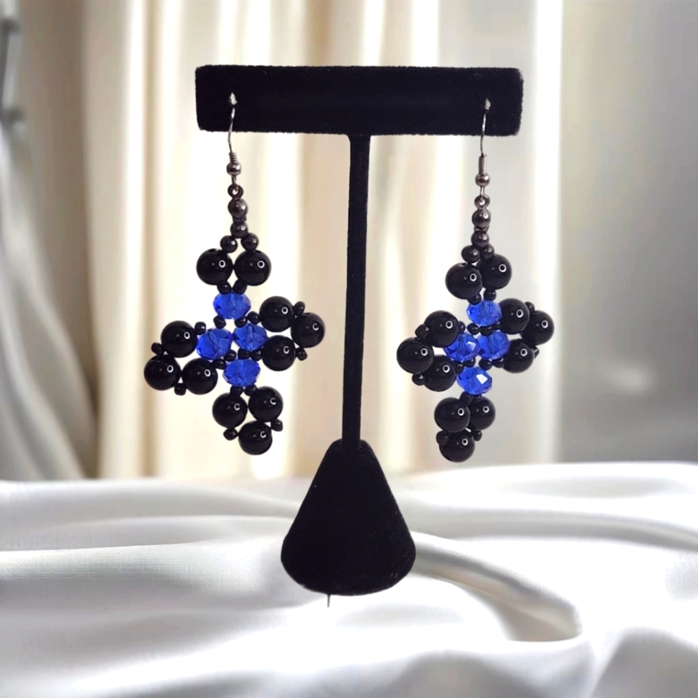 Trendy Black and Metallic Blue Cross-Patte Dangle Beaded Earrings